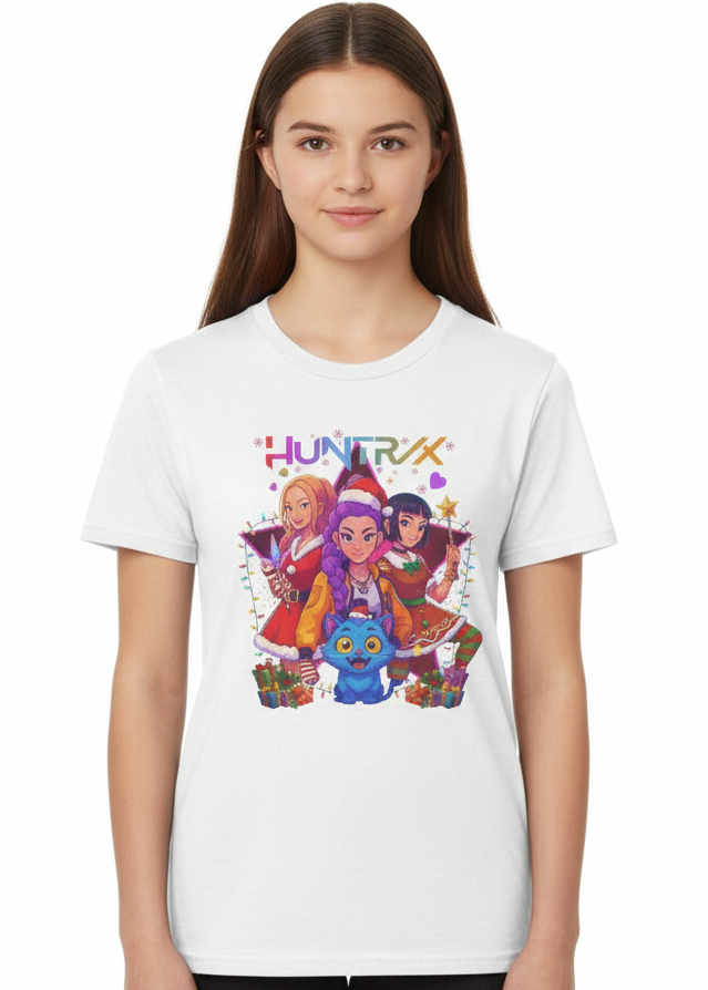 Teens White T-Shirt with Christmas Huntrix Girls and Demon Cat Print Main Image