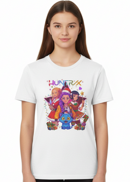 Teens White T-Shirt with Christmas Huntrix Girls and Demon Cat Print Main Image