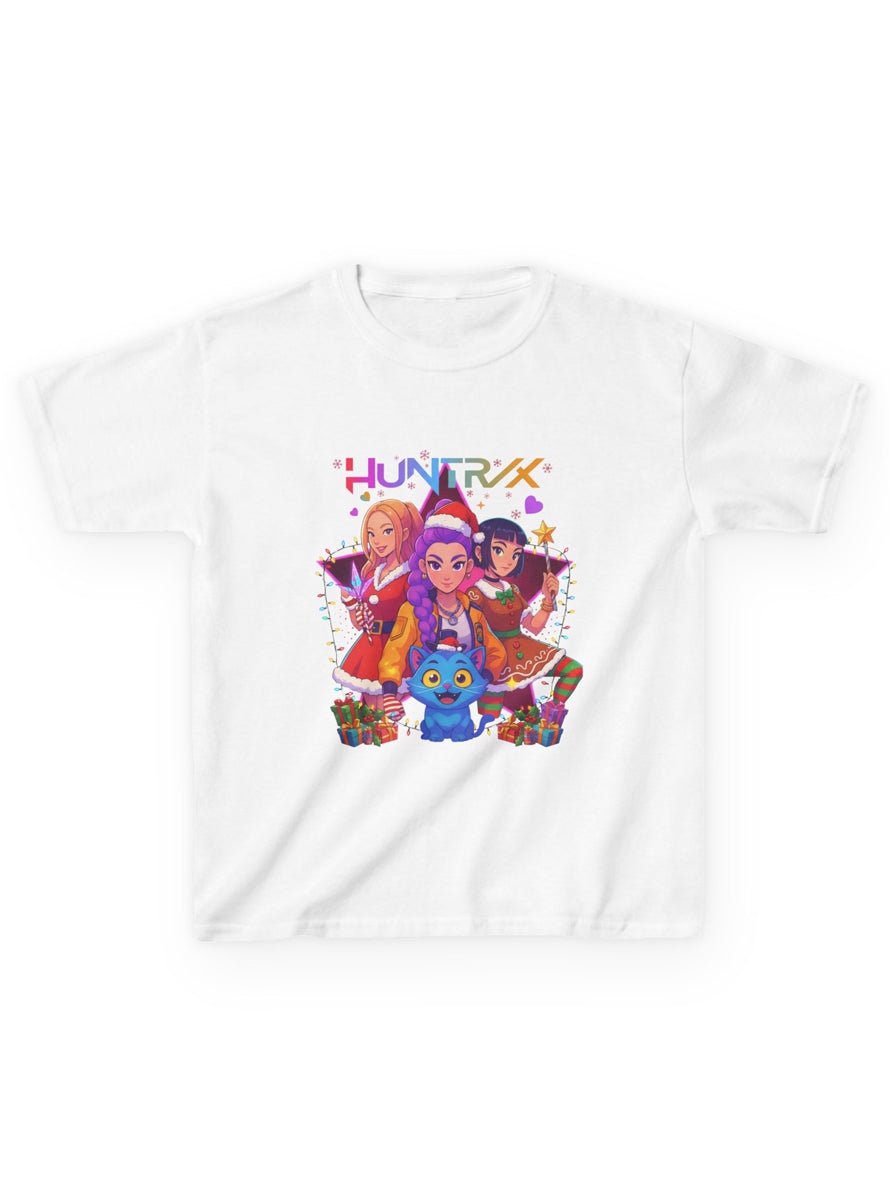 Teens White T-Shirt with Christmas Huntrix Girls and Demon Cat Print