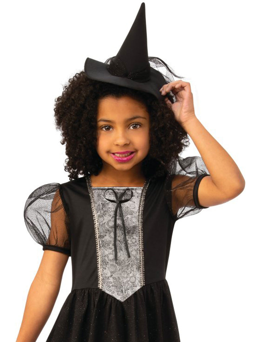 Black and Silver Halloween Witch Costume for Girls - Close Image 1
