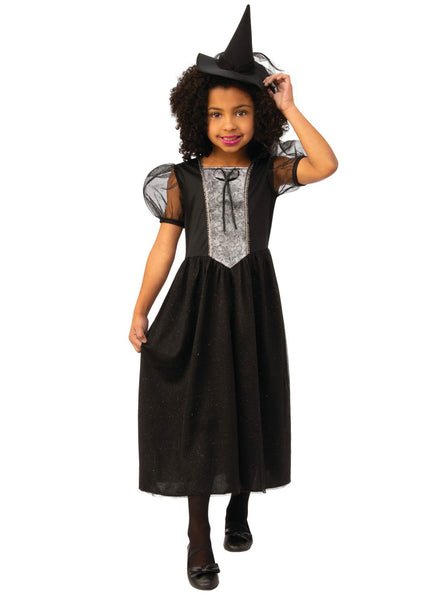 Classic Halloween Girls Black and Silver Witch Costume - Main Image