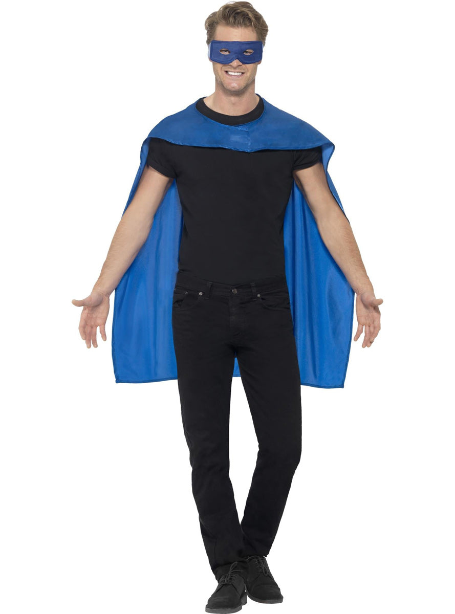  Mens Blue Superhero Costume Cape And Mask Set - Main Image