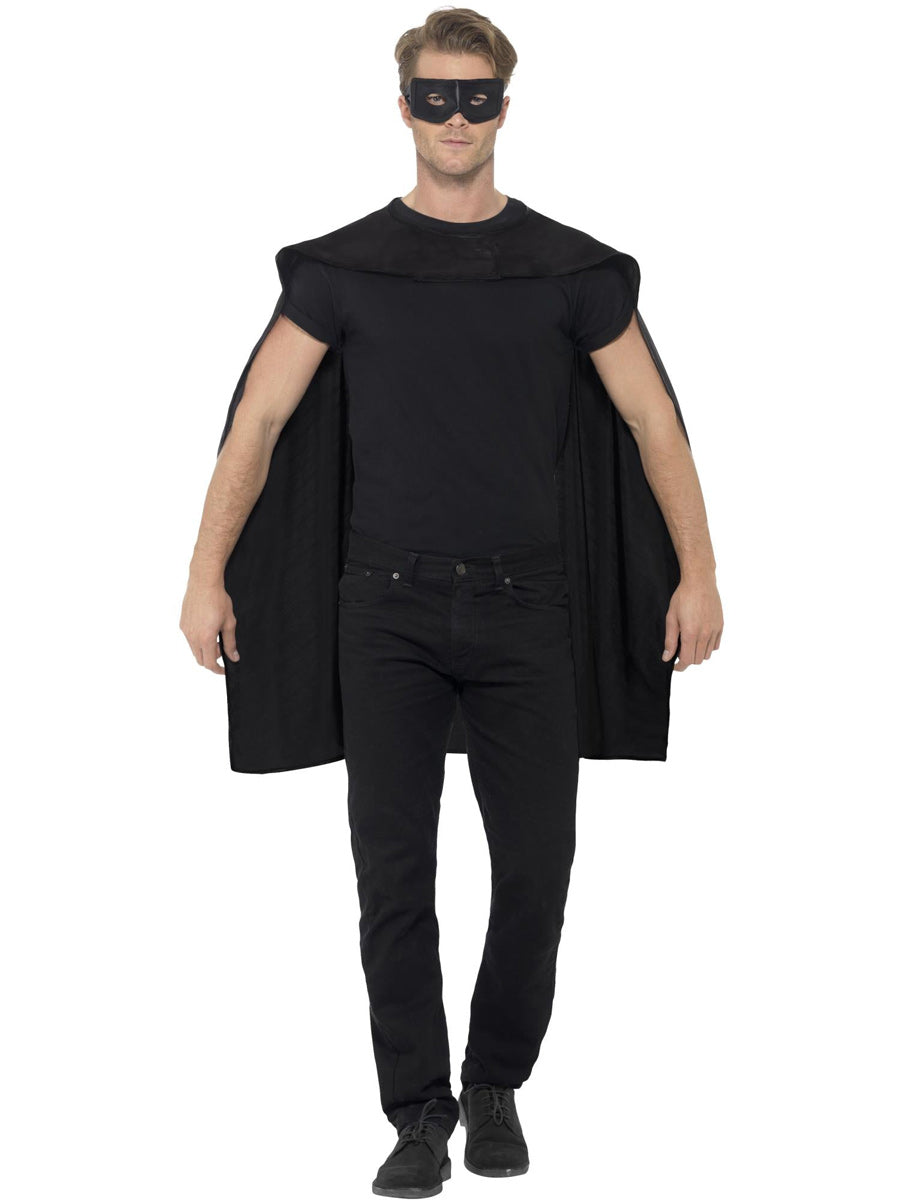  Mens Black Superhero Costume Cape And Mask Set - Main Image