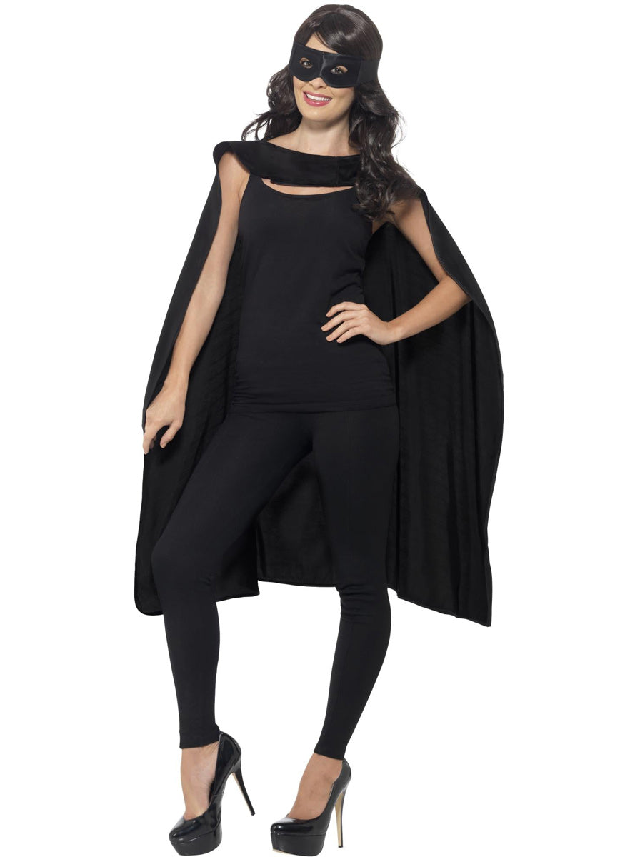 Womens Black  Superhero Costume Cape And Mask Set - Main Image