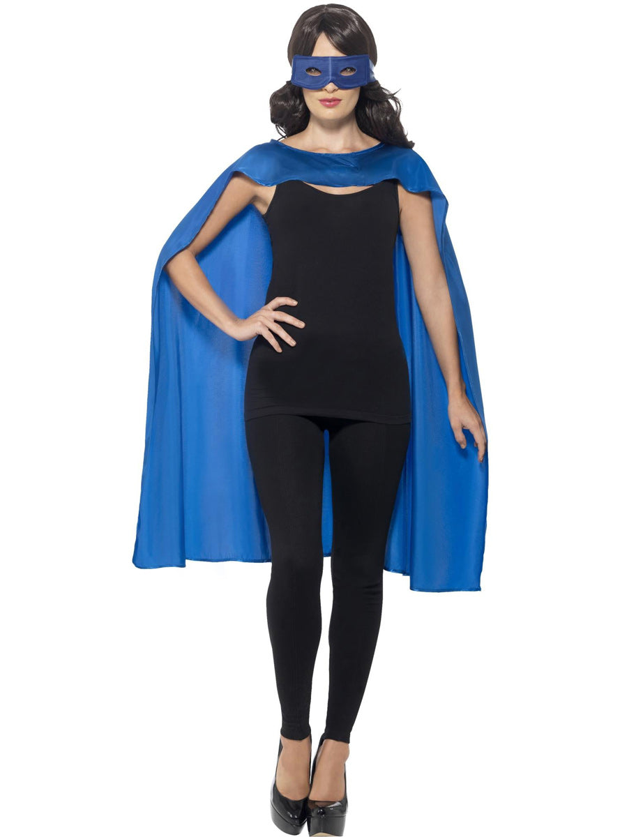 Womens Blue Superhero Costume Cape And Mask Set - Main Image