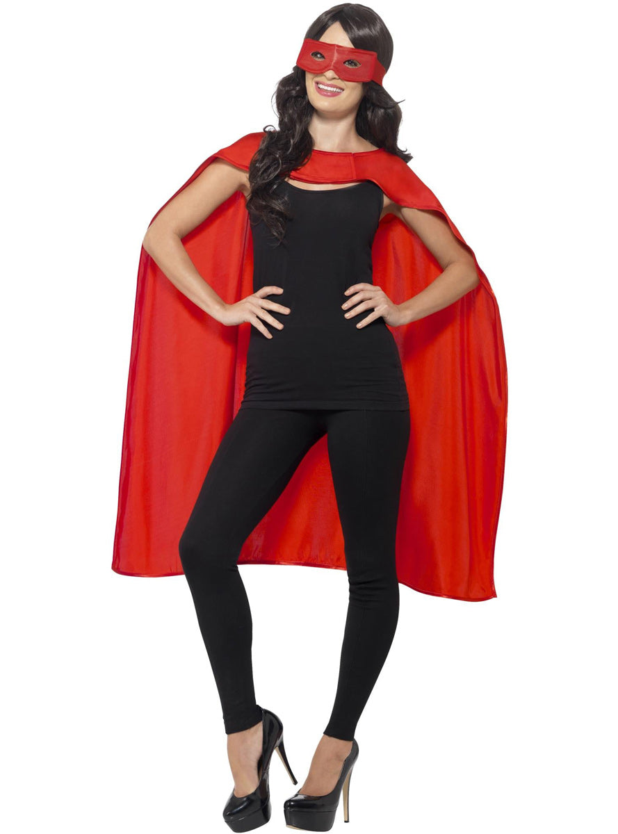 Womens Red Superhero Costume Cape And Mask Set - Main Image