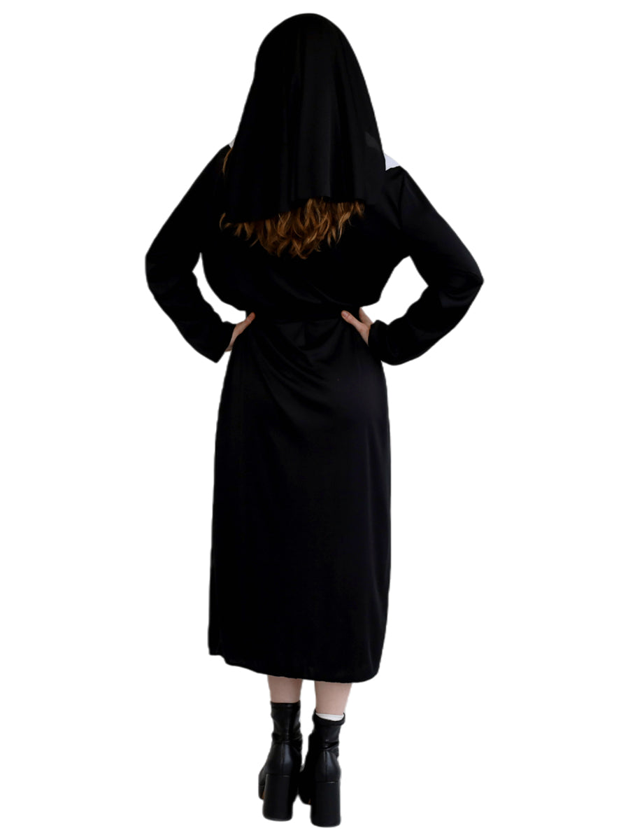 Women's Classic Plus Size Black Nun Dress Up Costume - Back Image