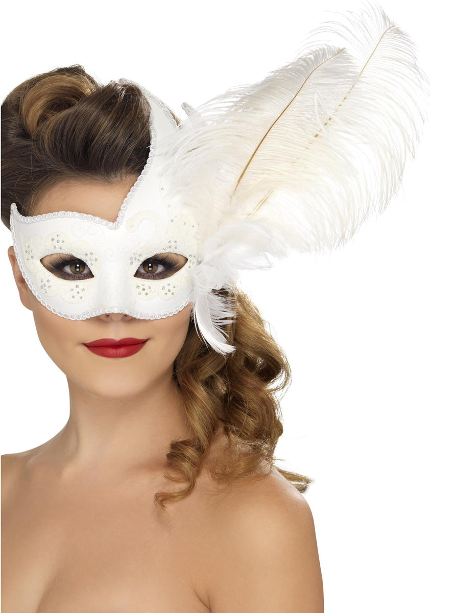 Colombina White Feather Ornate Womens Masquerade Mask - Main Image