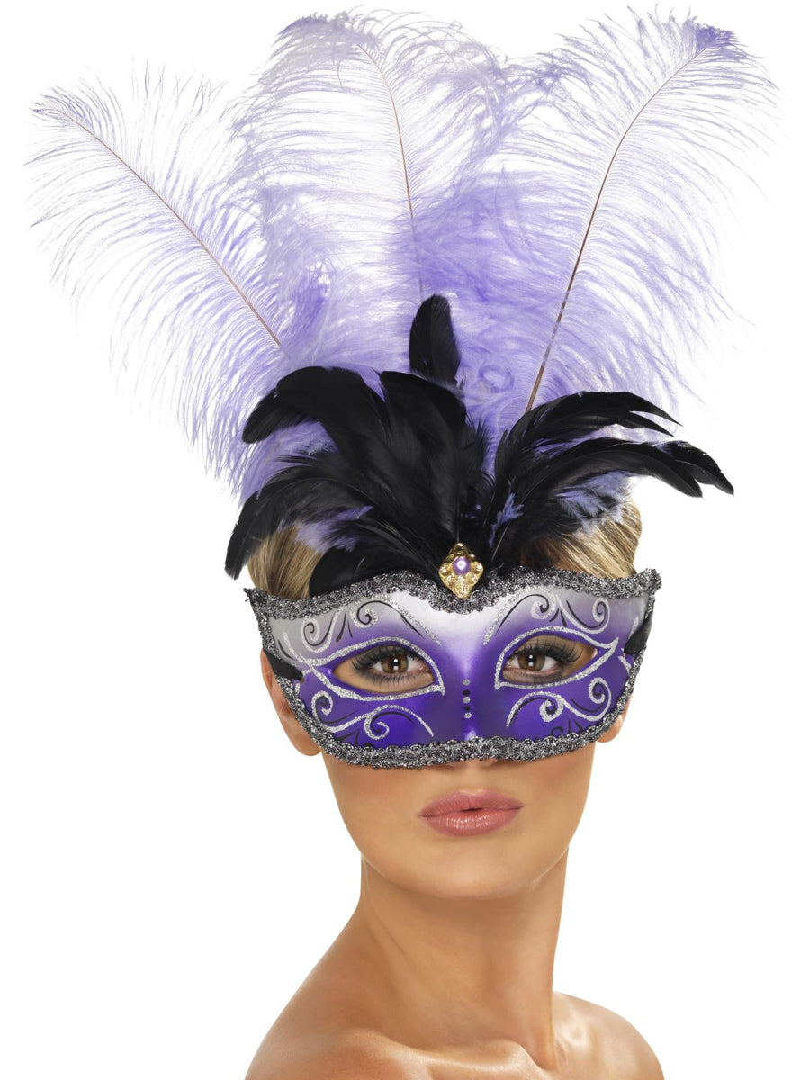 Purple Colombina Womens Feather Venetian Masquerade Mask - Main Image