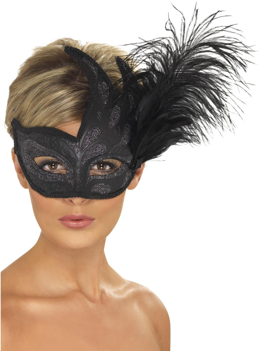 Womens Black Side Feather Columbia Masquerade Mask - Main Image