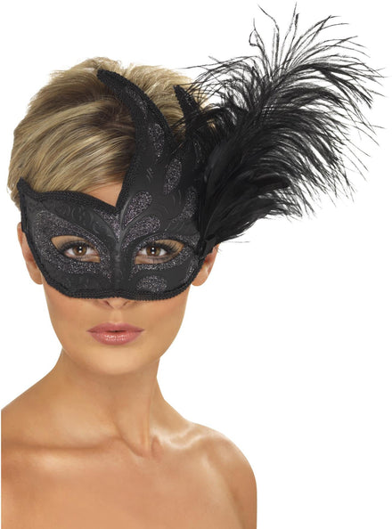 Womens Black Side Feather Columbia Masquerade Mask - Main Image