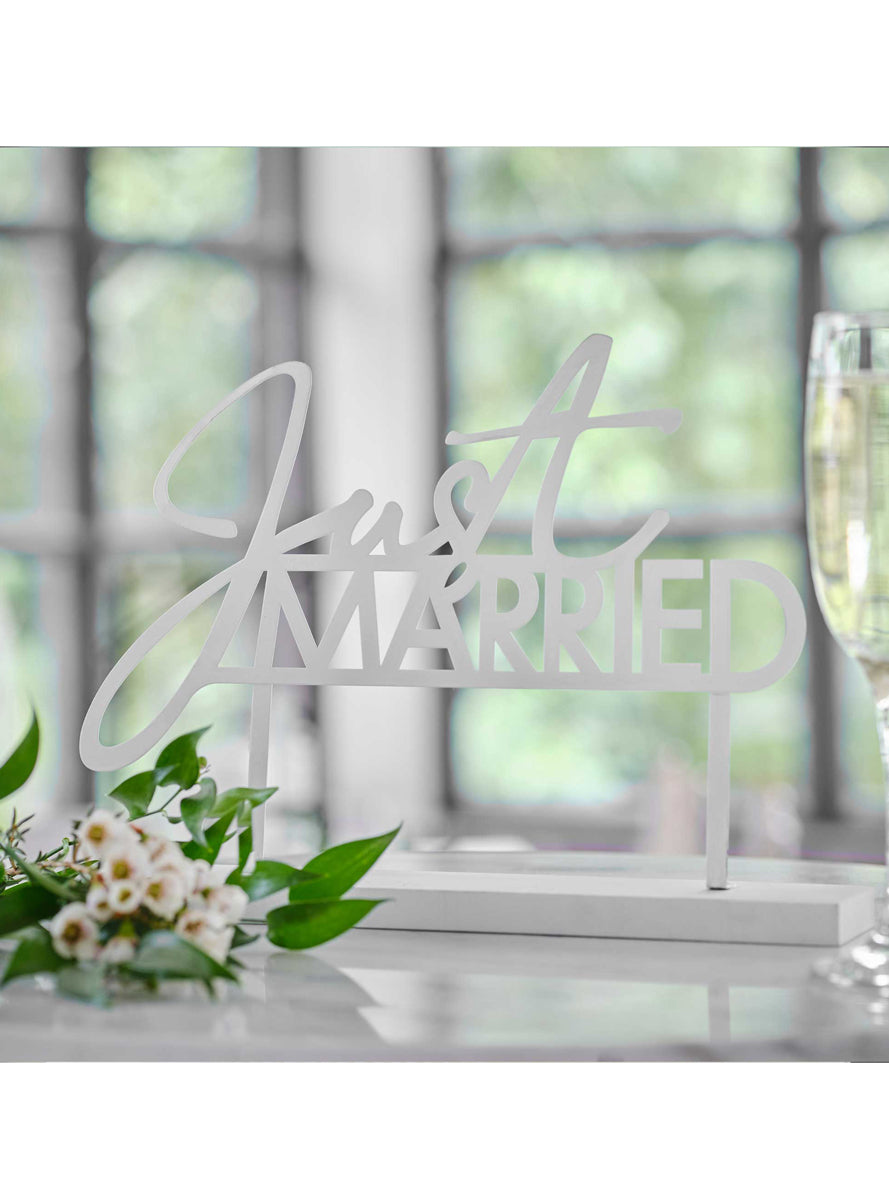 Contemporary Wedding Just Married White 29cm Wooden Table Sign - Lifestyle Image