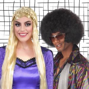 Image of a man and woman wearing costume wigs