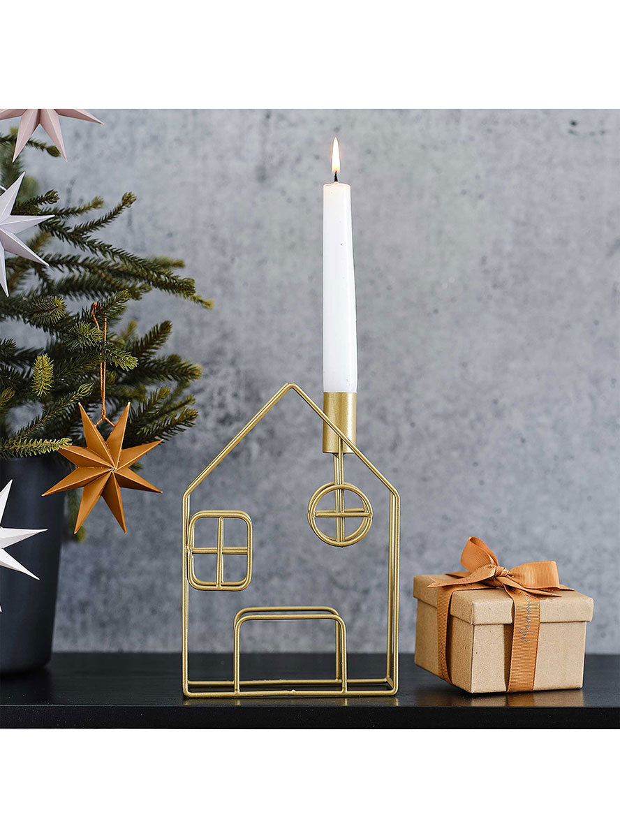 Gold 20cm Cosy Metal Gingerbread House Candle Holder – Lifestyle Image