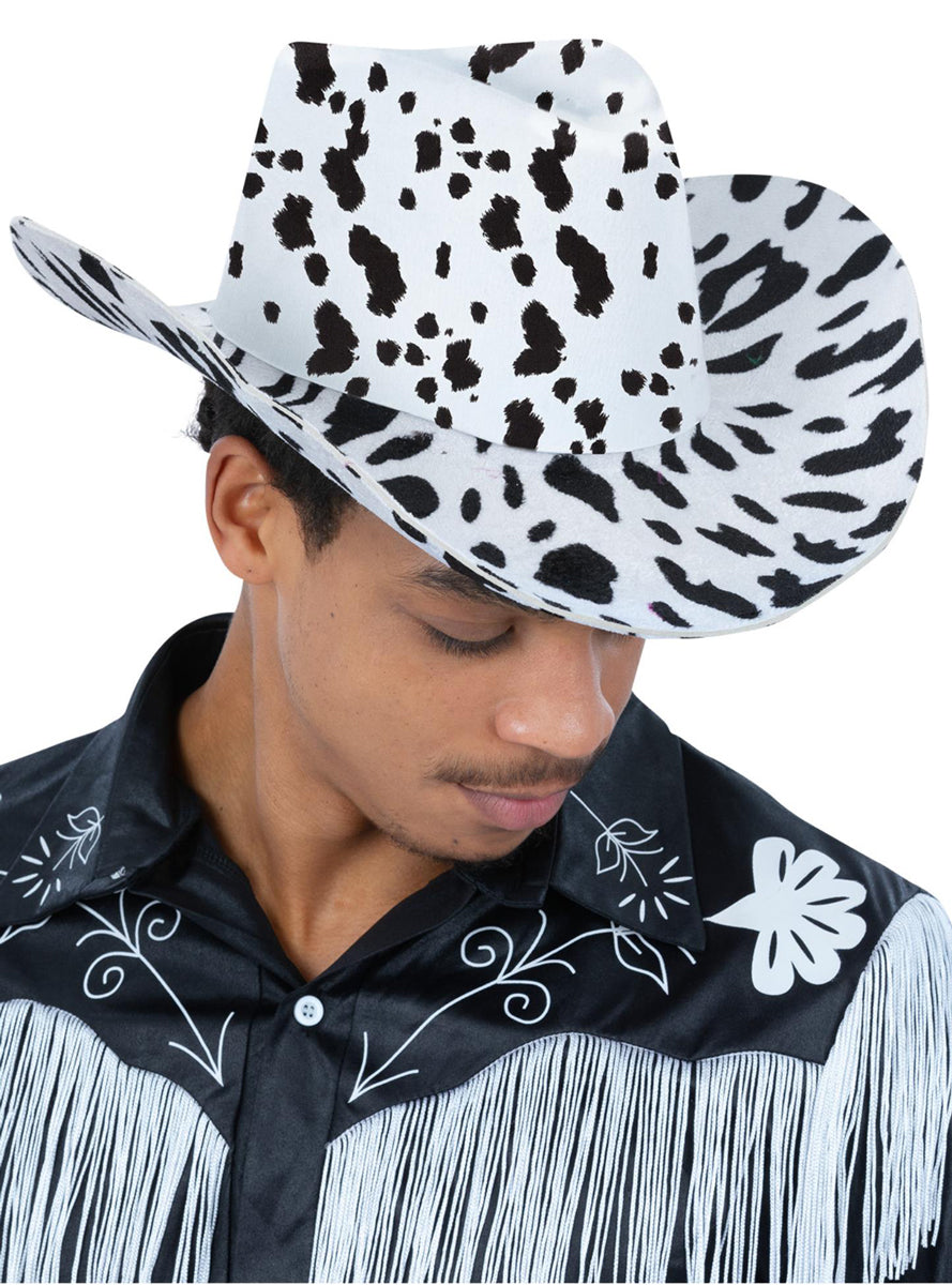 Mens Black and White Cow Print Cowboy Hat - Main Image