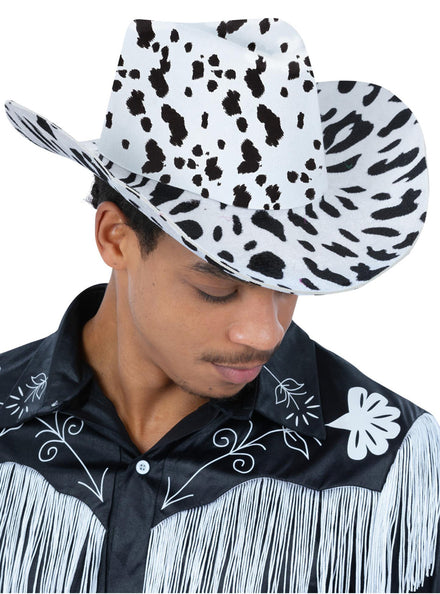Mens Black and White Cow Print Cowboy Hat - Main Image