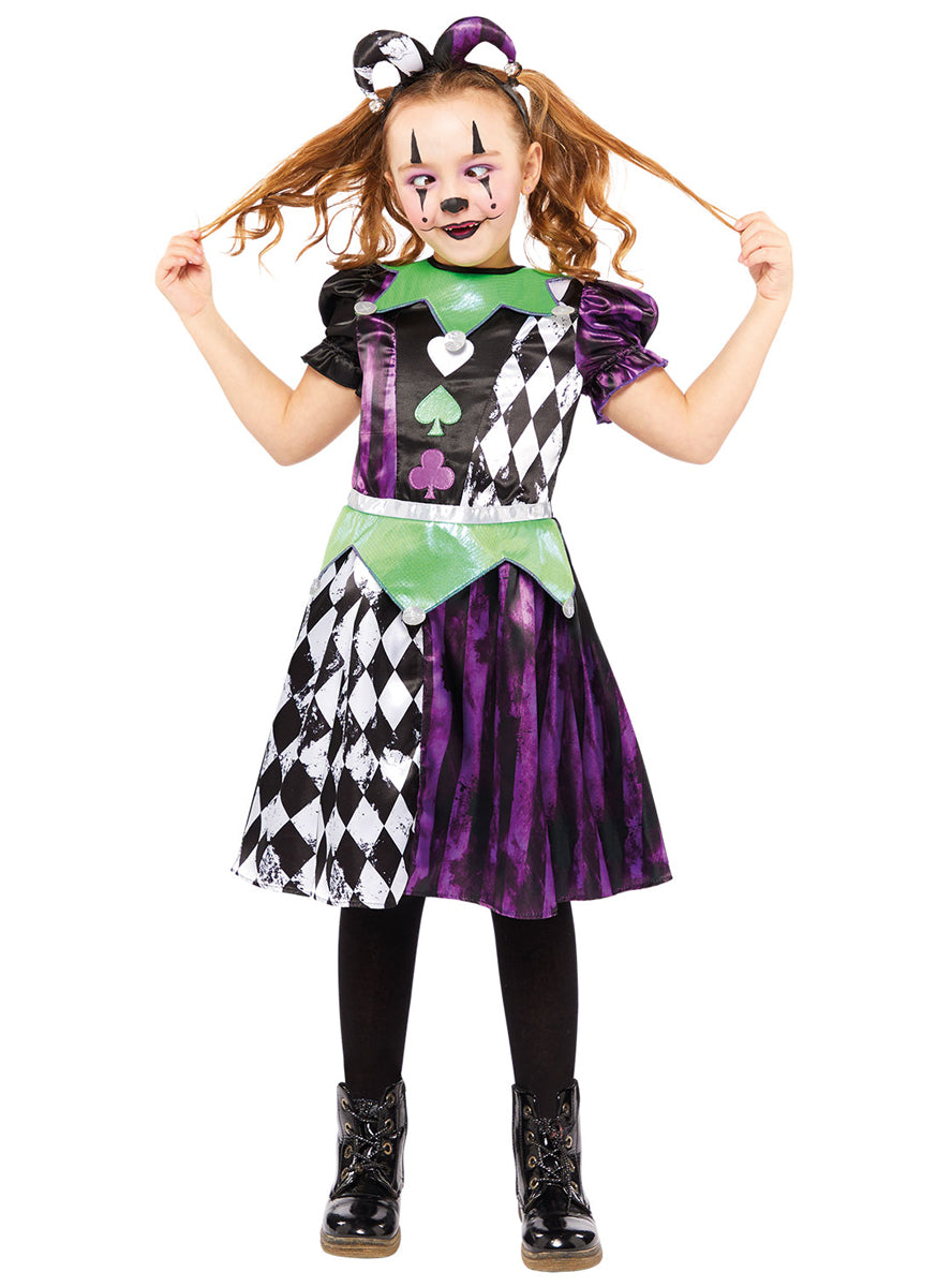 Purple And Green Girls Crazed Jester Halloween Costume - Main Image