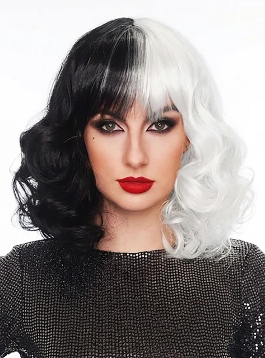 Cruel Diva Womens Black and White Curly Costume Wig