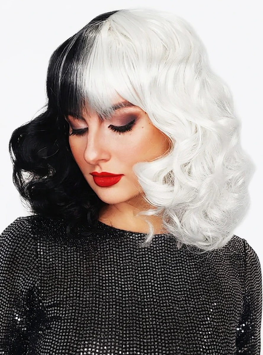 Cruel Diva Womens Black and White Curly Costume Wig