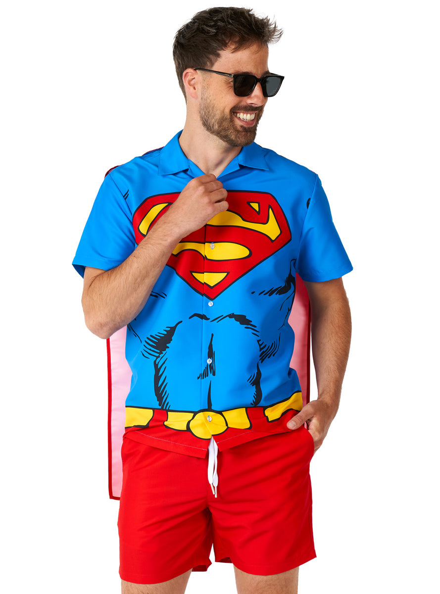 DC Superman Mens Shirt Sleeved Swimsuit Costume - Close Image
