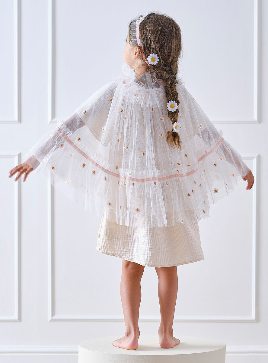 Girls Deluxe Sheer White Costume Cape With Daisies - Main Image
