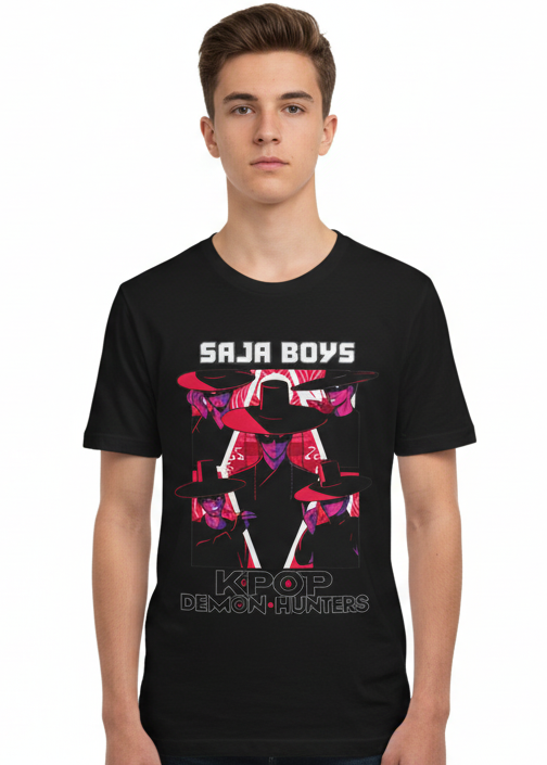 Teens Black K-Pop T-Shirt with Dark Demon Saja Boys Print - Main Image