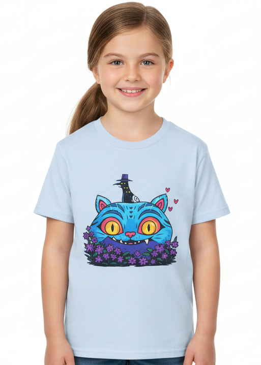 Kids Light Blue T-Shirt with Demon Cat Derpy and Flowers Print Main Image