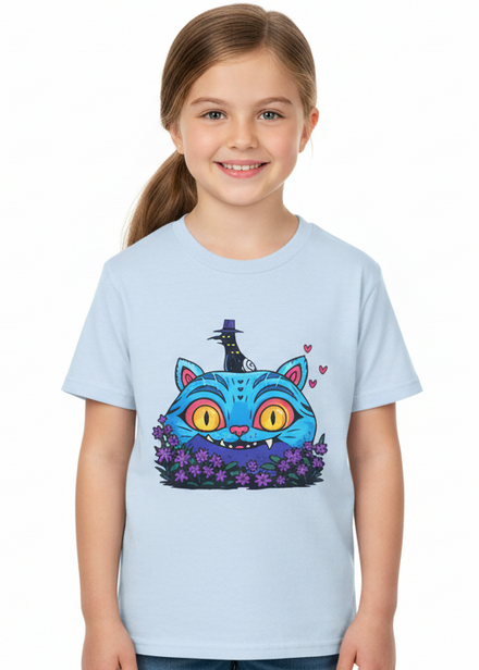 Kids Light Blue T-Shirt with Demon Cat Derpy and Flowers Print Main Image