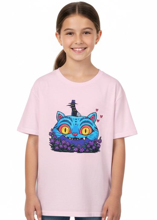 Kids Light Pink T-Shirt with Demon Cat Derpy and Flowers Print Main Image
