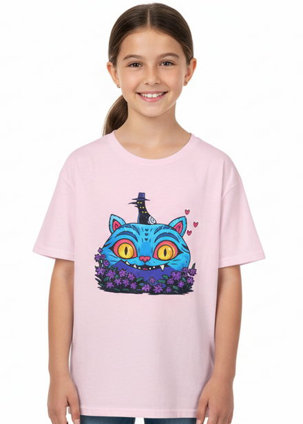 Kids Light Pink T-Shirt with Demon Cat Derpy and Flowers Print Main Image