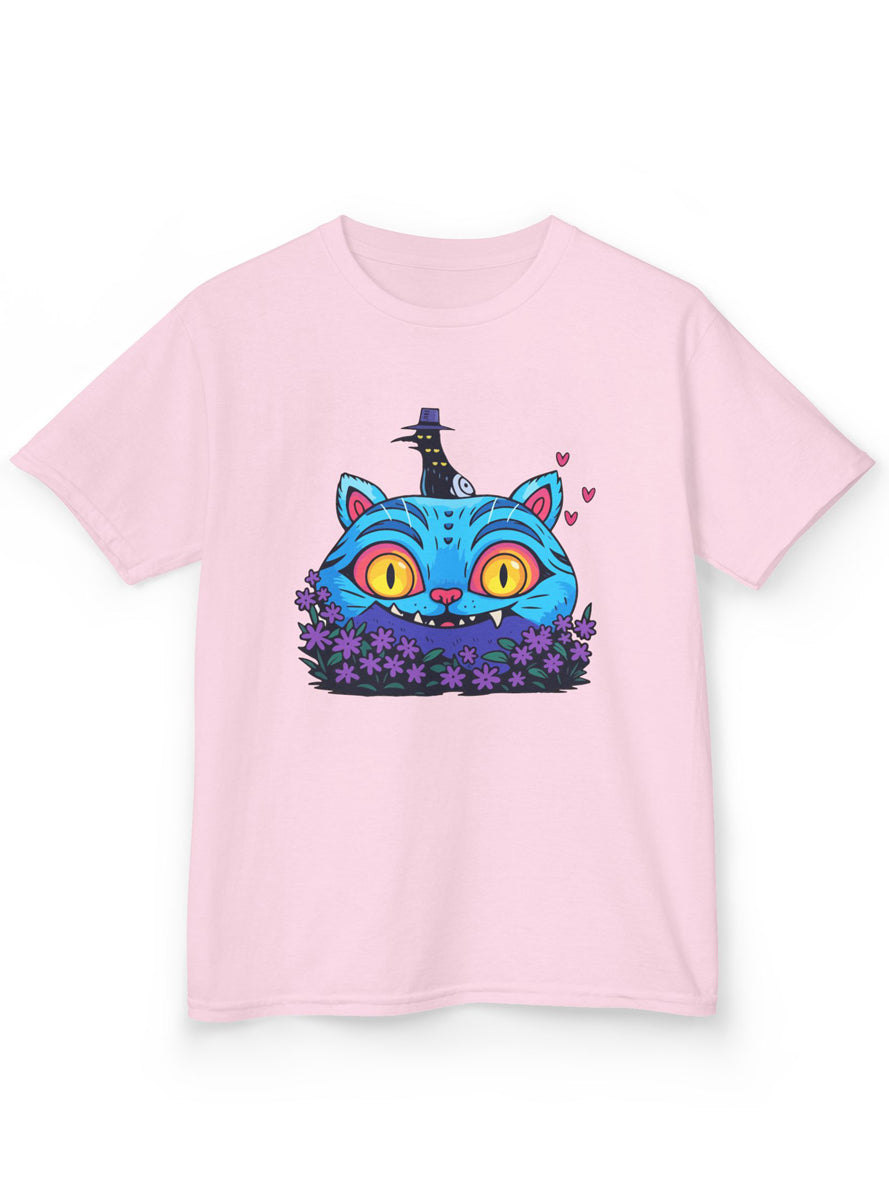 Kids Light Pink T-Shirt with Demon Cat Derpy and Flowers Print