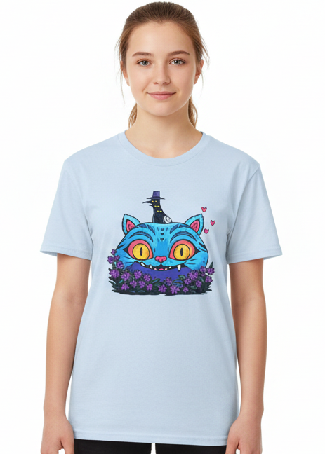Teens Light Blue T-Shirt with Demon Cat Derpy and Flowers Print Main Image