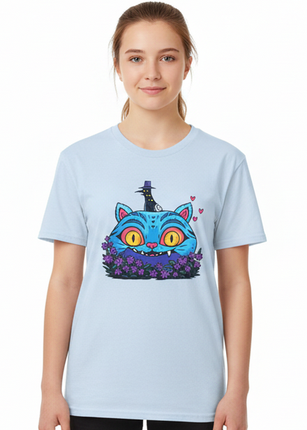 Teens Light Blue T-Shirt with Demon Cat Derpy and Flowers Print Main Image