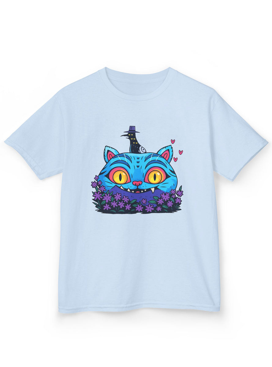 Teens Light Blue T-Shirt with Demon Cat Derpy and Flowers Print