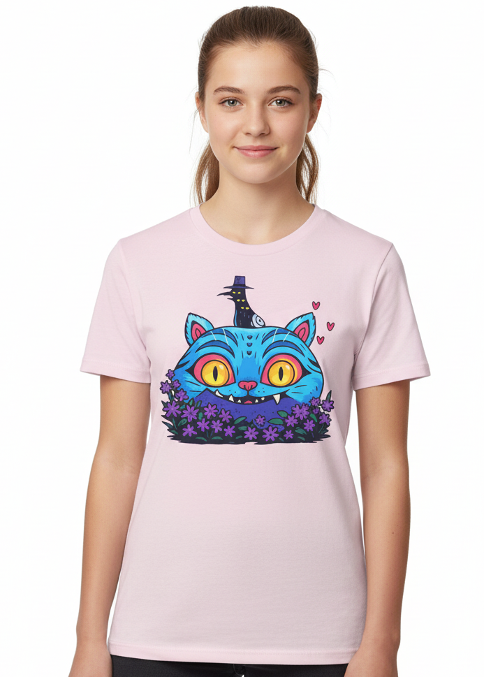 Teens Light Pink T-Shirt with Demon Cat Derpy and Flowers Print Main Image
