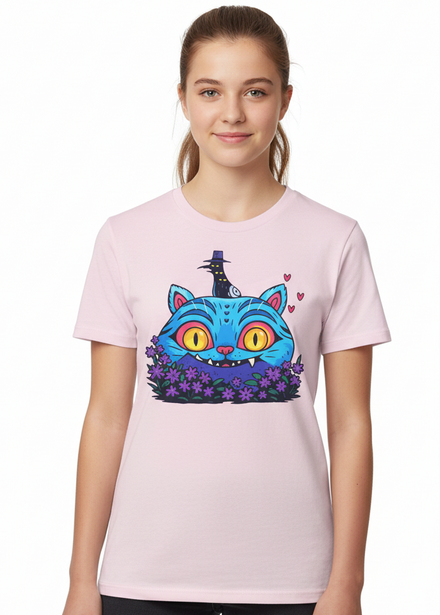Teens Light Pink T-Shirt with Demon Cat Derpy and Flowers Print Main Image