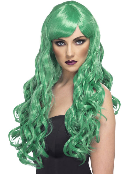 Womens Long Green Curly Costume Wig With Side Fringe - Main Image