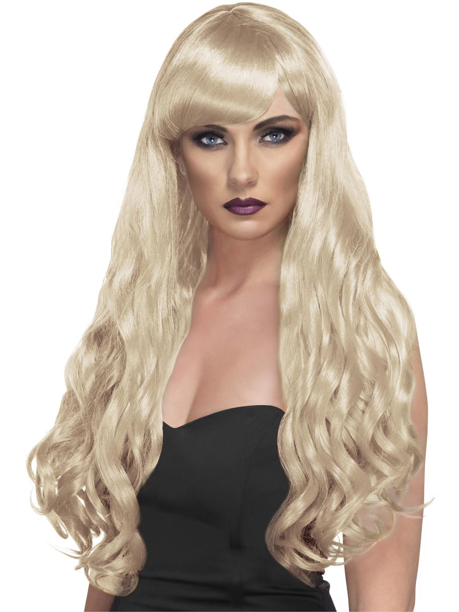 Womens Long Blonde Curly Costume Wig With Fringe - Main Image
