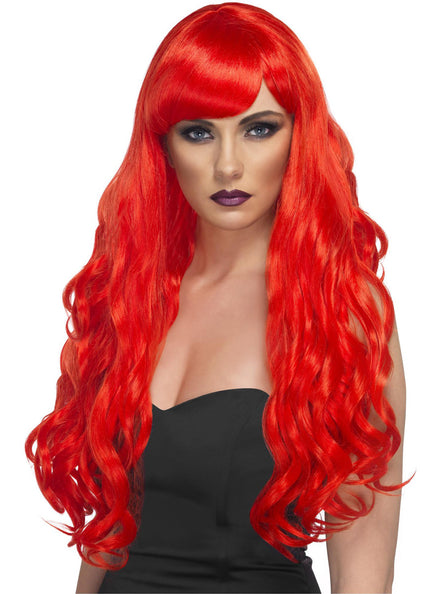 Red Curly Womens Long Costume Wig With Side Fringe - Main Image