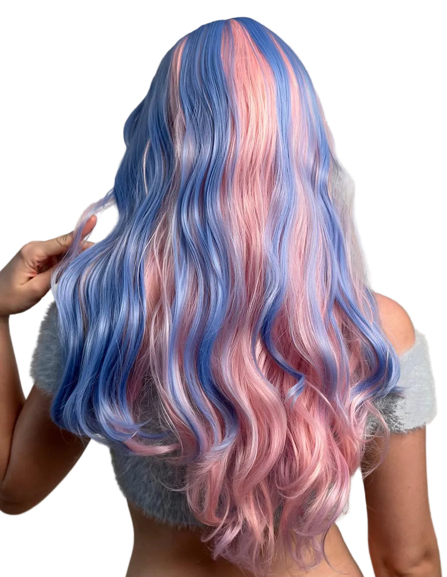 Destiny Womens Long Pastel Pink and Blue Wavy Fashion Wig - Back Image