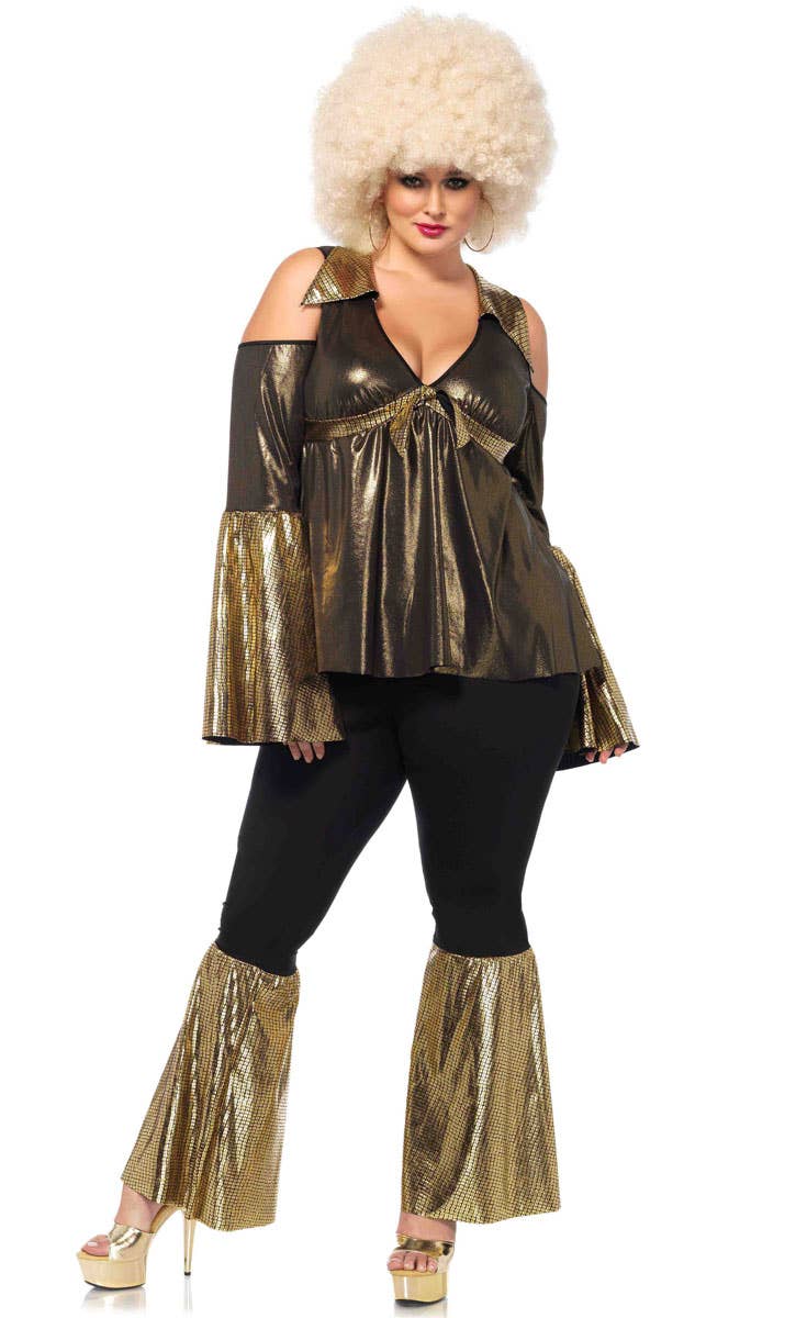 Plus Size 70's Women's Black and Gold Disco Diva Costume - Front Image