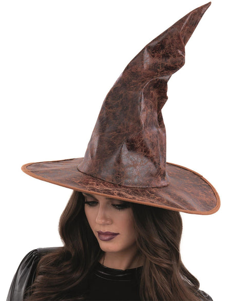 Faux Brown Leather Wizard Hat - Main Image