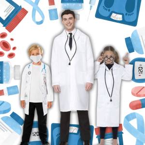 Image of a man and kids in doctors costumes