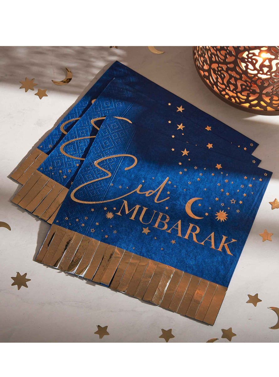 EID Murbarak 16 Pack Navy and Gold Fringe Napkins – Lifestyle Image