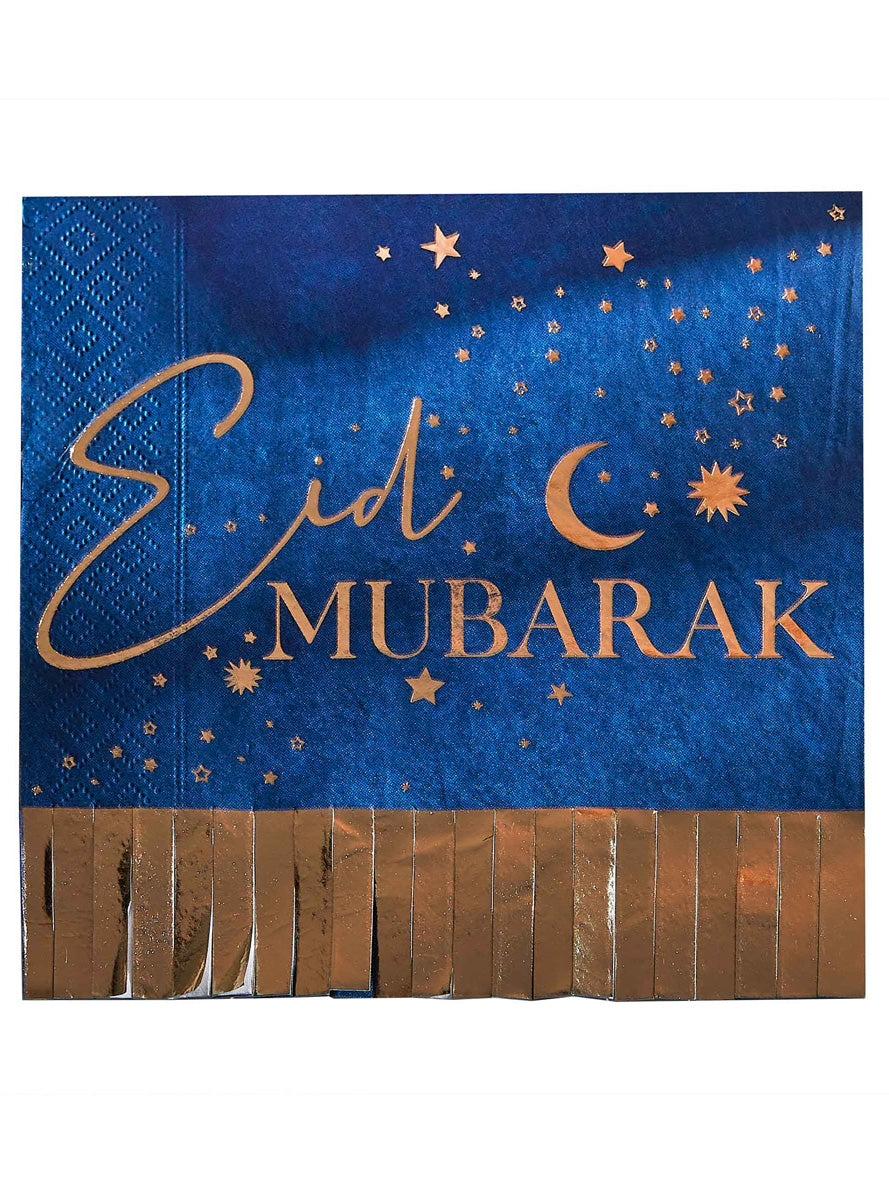 EID Murbarak 16 Pack Navy and Gold Fringe Napkins – Main Image