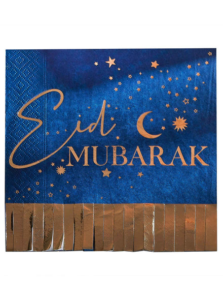 EID Murbarak 16 Pack Navy and Gold Fringe Napkins – Main Image