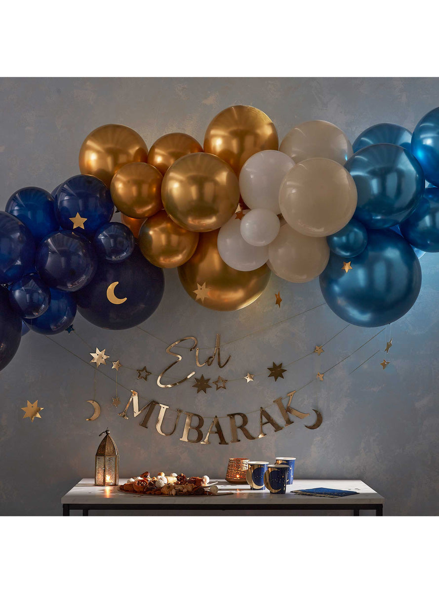 EID Mixed Chrome Moon and Stars 70 Piece Balloon Garland – Lifestyle Image