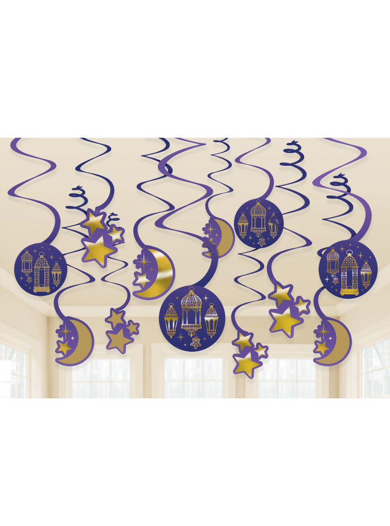Eid Moon And Stars 12 Pack Hanging Swirl Decorations - Main Image