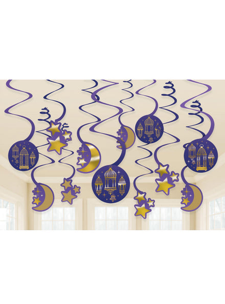 Eid Moon And Stars 12 Pack Hanging Swirl Decorations - Main Image