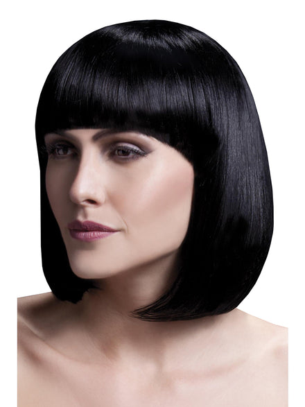 Womens Deluxe Black Bob Wig With Straight Fringe - Main Image